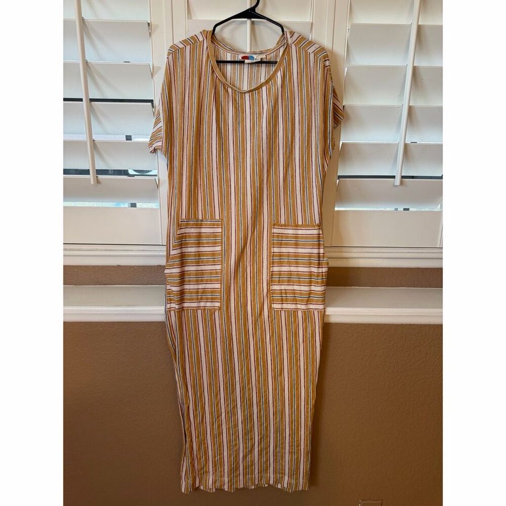 Free People FP Beach Marguerite Striped Dress Tan White Maxi Tee Dress Boho Sz S
